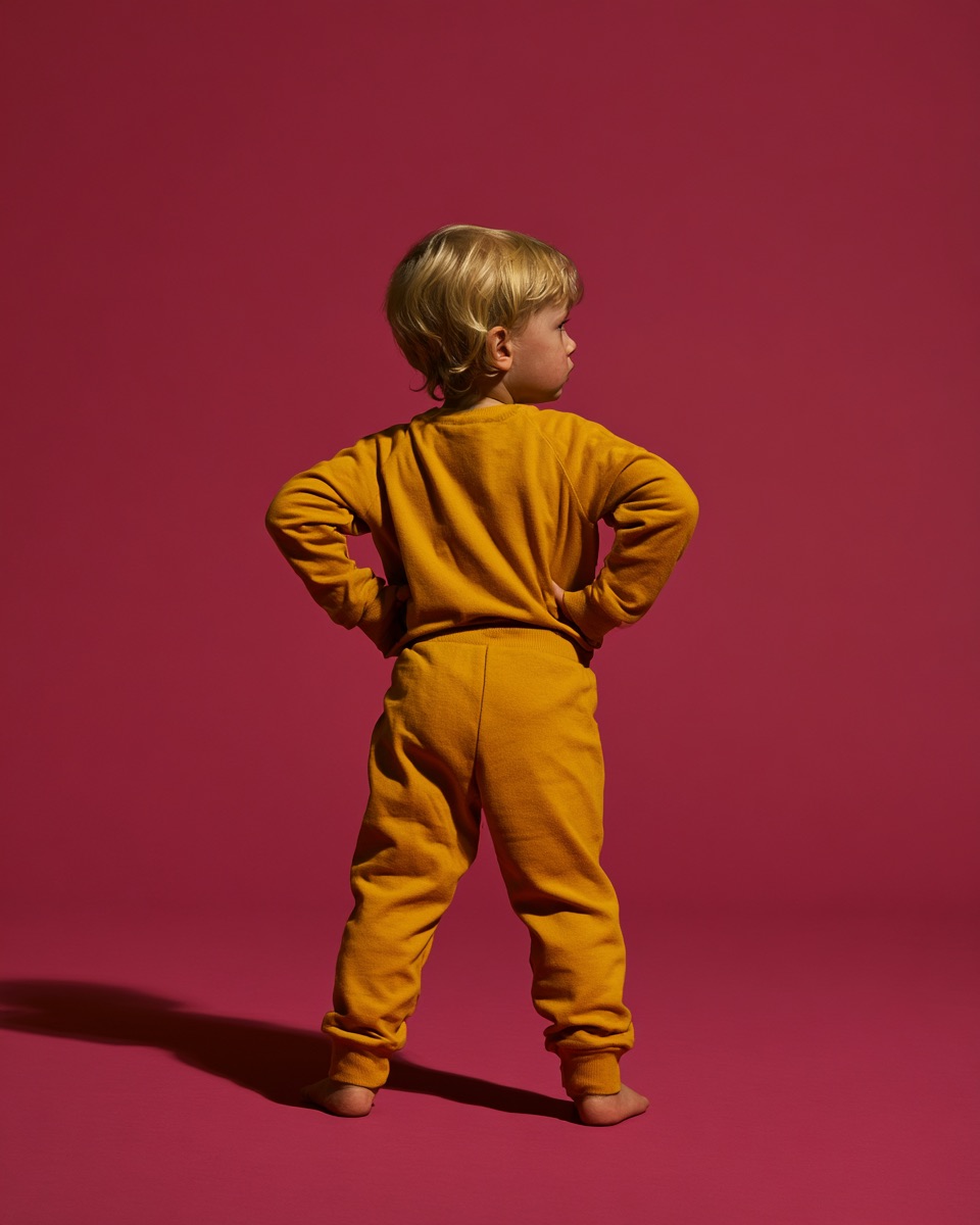 Peuter in een geel joggingpak, met de handen in de zij