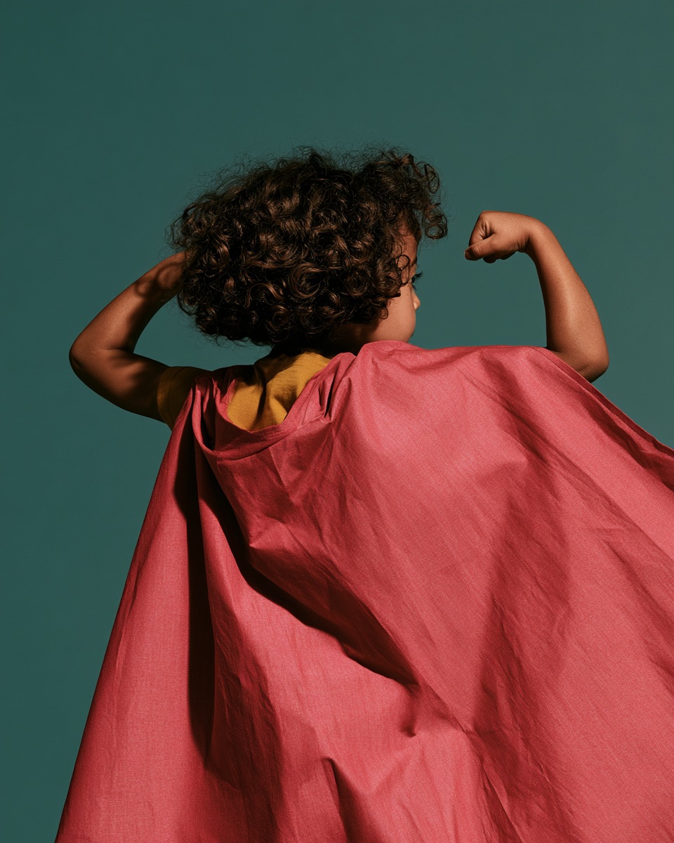 Kind met een roze cape dat zijn spierballen spant